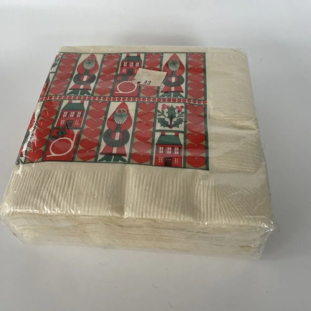 NOS Vintage Christmas Cocktail Napkins Package Of 50 Folk Art Santa Wreath New